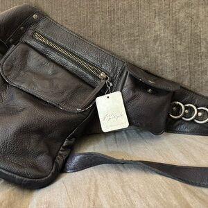 NWT Free People Black Leather Waist Bag with Pocket Details
